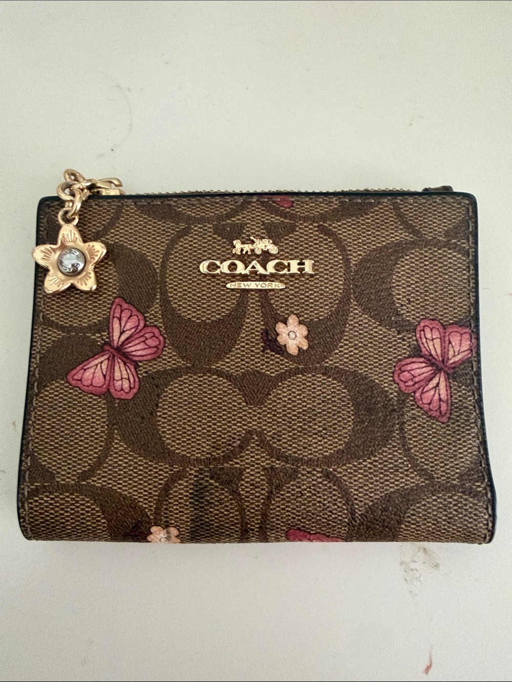 Coach Brown Signature Butterfly Zip Wallet with Pink Accents